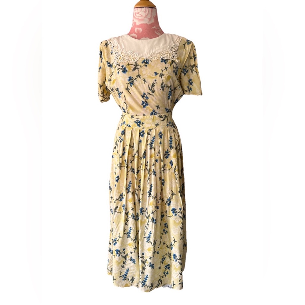 VTG 80’s Midi Dress Sz 6 Yellow floral lace collar Pleated Coquette Impatiens